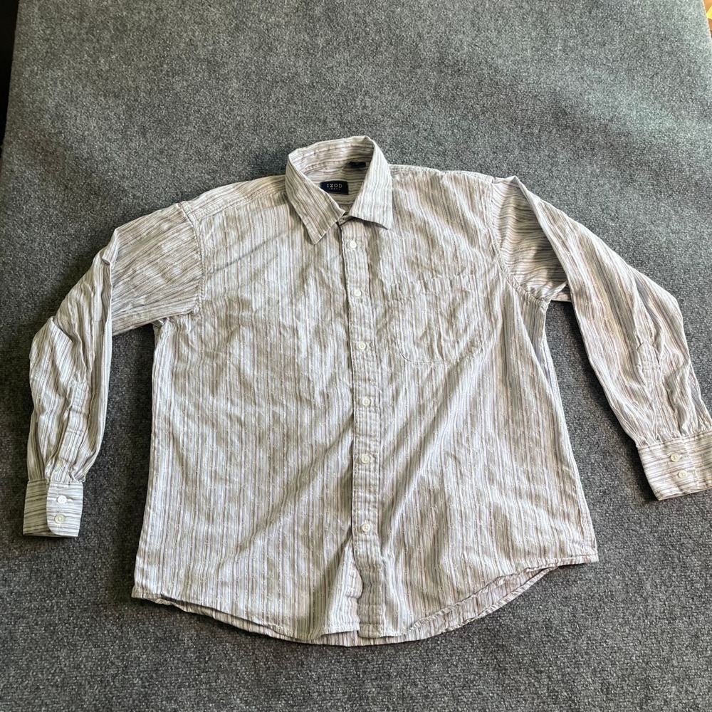 IZOD Jeans Mens XL Long Sleeve Button Down Shirt Striped Textured Blue Brown‎
